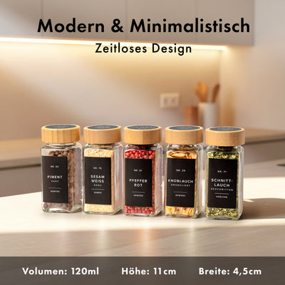 EDELHAUS Gewürzgläser Set mit Bambusdeckel (24 Stück) mit 240 Schwarze Etiketten