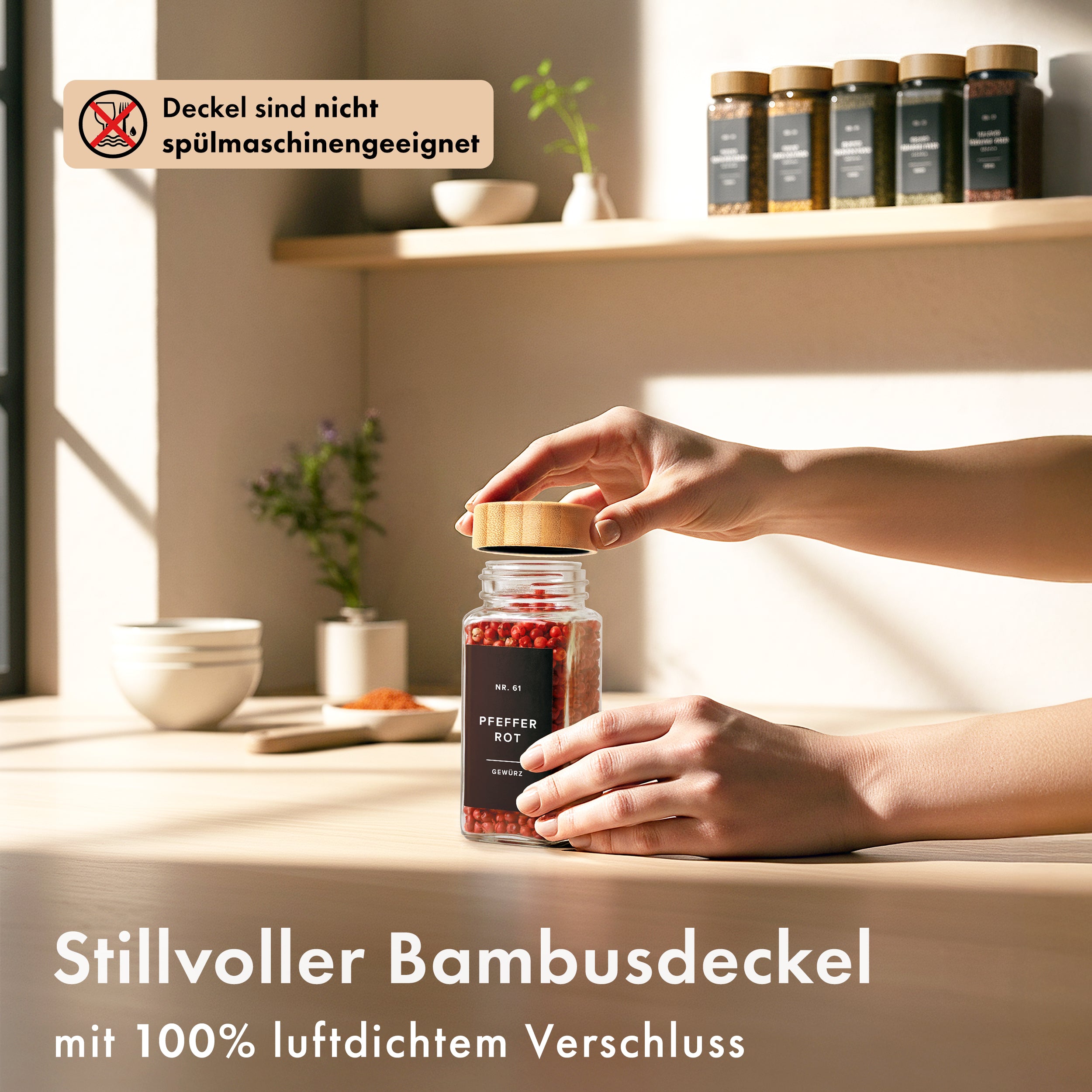 EDELHAUS Gewürzgläser Set mit Bambusdeckel (24 Stück) mit 240 Schwarze Etiketten
