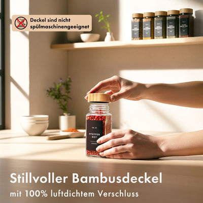 EDELHAUS Gewürzgläser Set mit Bambusdeckel (24 Stück) mit 240 Schwarze Etiketten