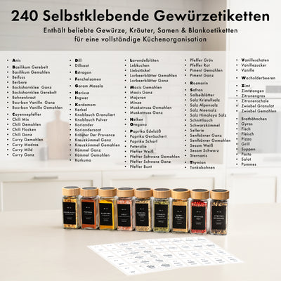 EDELHAUS Gewürzgläser Set mit Bambusdeckel (24 Stück) mit 240 Schwarze Etiketten