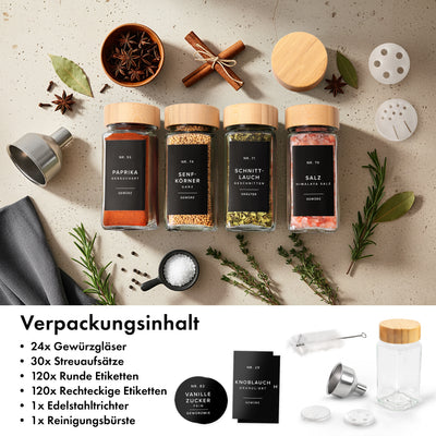 EDELHAUS Gewürzgläser Set mit Bambusdeckel (24 Stück) mit 240 Schwarze Etiketten