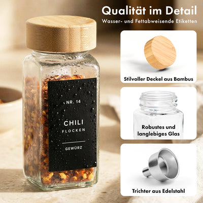 EDELHAUS Gewürzgläser Set mit Bambusdeckel (24 Stück) mit 240 Schwarze Etiketten