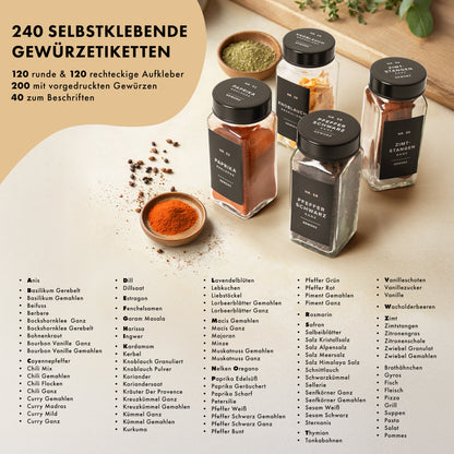 Gewürzgläser Set mit Edelstahldeckel  (24 Stück) mit 240 Aufklebern