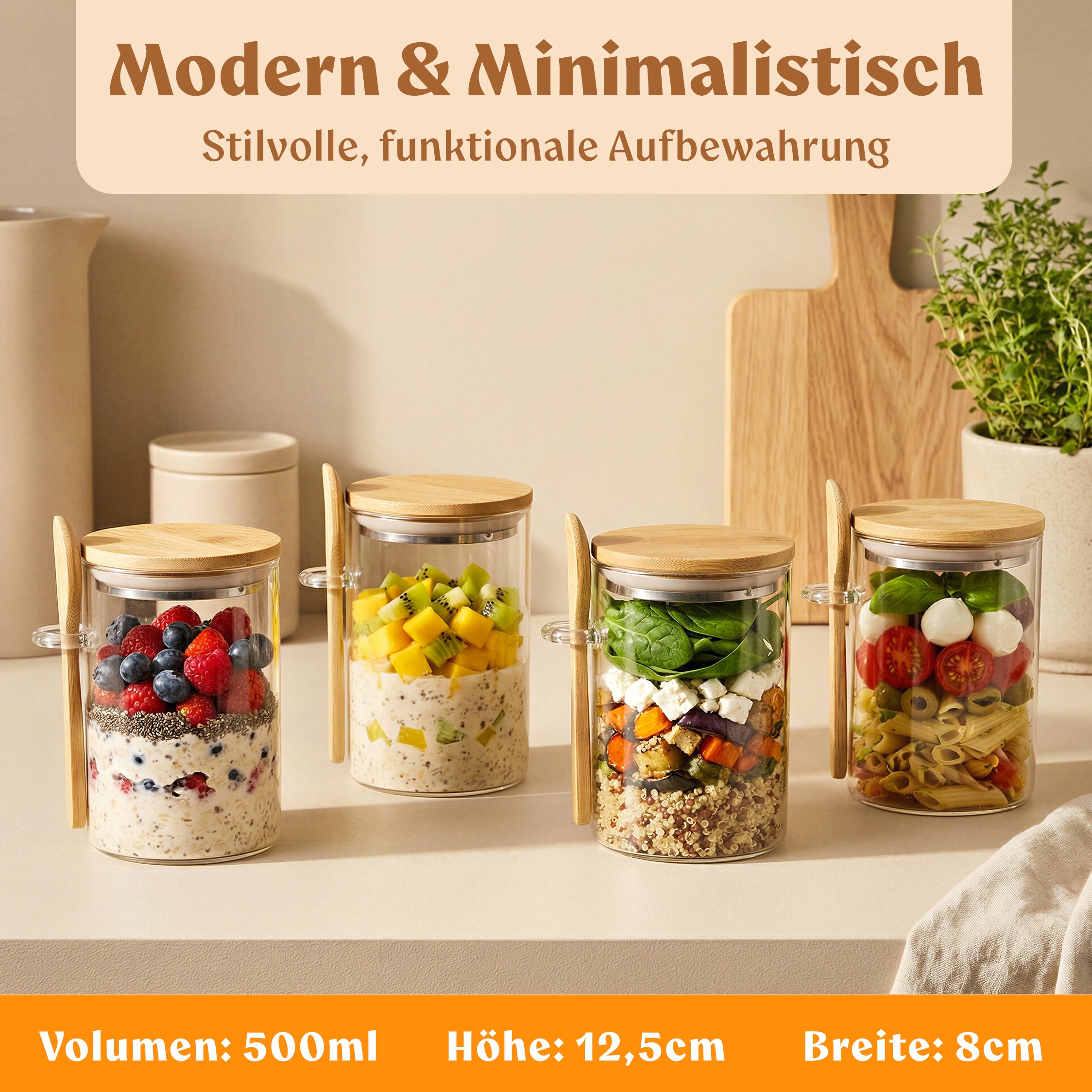 Overnight Oats Gläser mit Deckel, Etiketten & Löffeln (4 x 500ml)