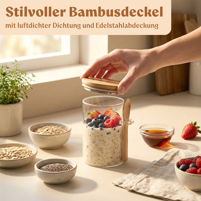 Overnight Oats Gläser mit Deckel, Etiketten & Löffeln (4 x 500ml)