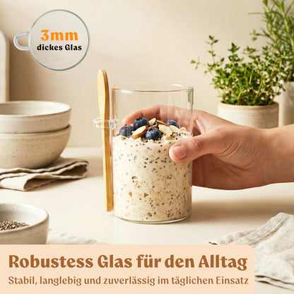 Overnight Oats Gläser mit Deckel, Etiketten & Löffeln (4 x 500ml)