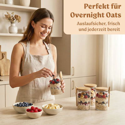 Overnight Oats Gläser mit Deckel, Etiketten & Löffeln (4 x 500ml)