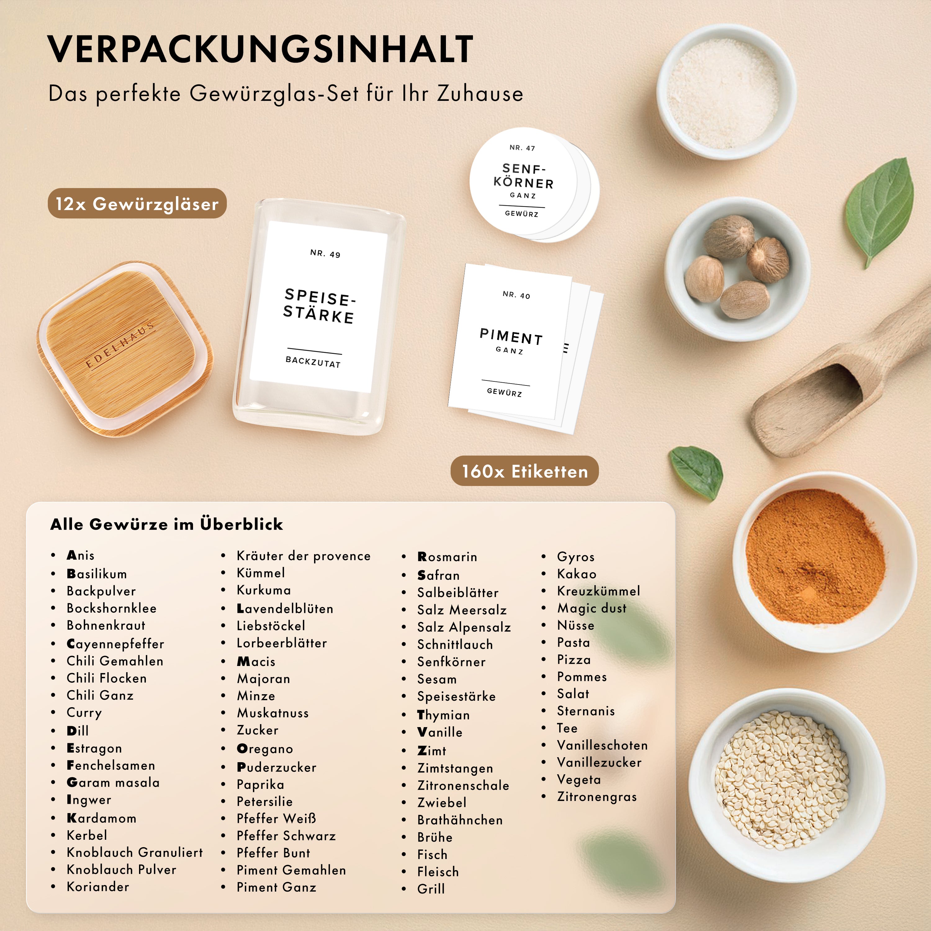 Gewürzgläser Eckig mit Bambusdeckel 190ml (12 Stück)