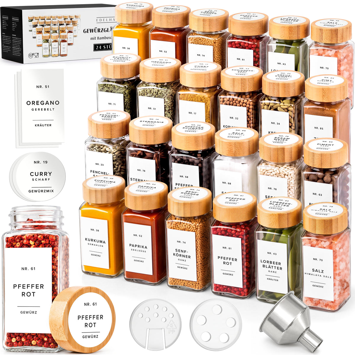 EDELHAUS Gewürzgläser mit Bambusdeckel, weiße Etiketten (24 × 120 ml)