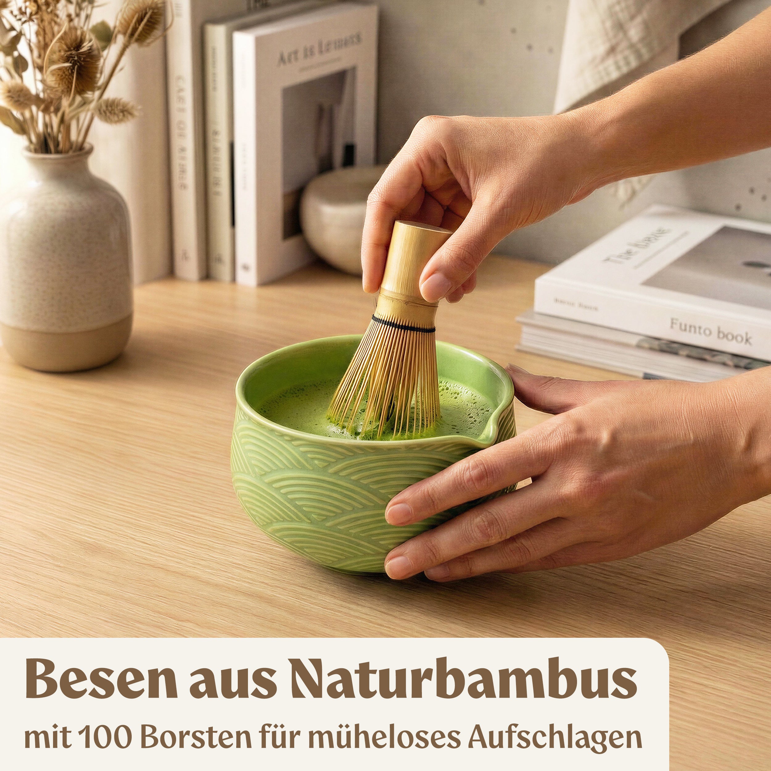 Matcha Set (7 Teilig) Matcha Schale mit Besen, Sieb, Löffel (Grün)