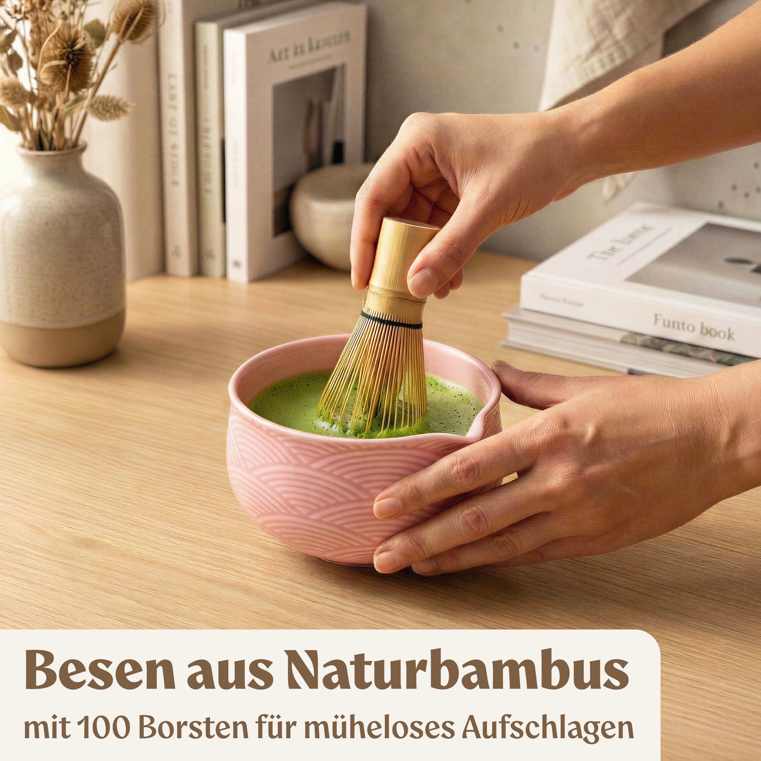 Matcha Set (7 Teilig) Matcha Schale mit Besen, Sieb, Löffel (Rose)