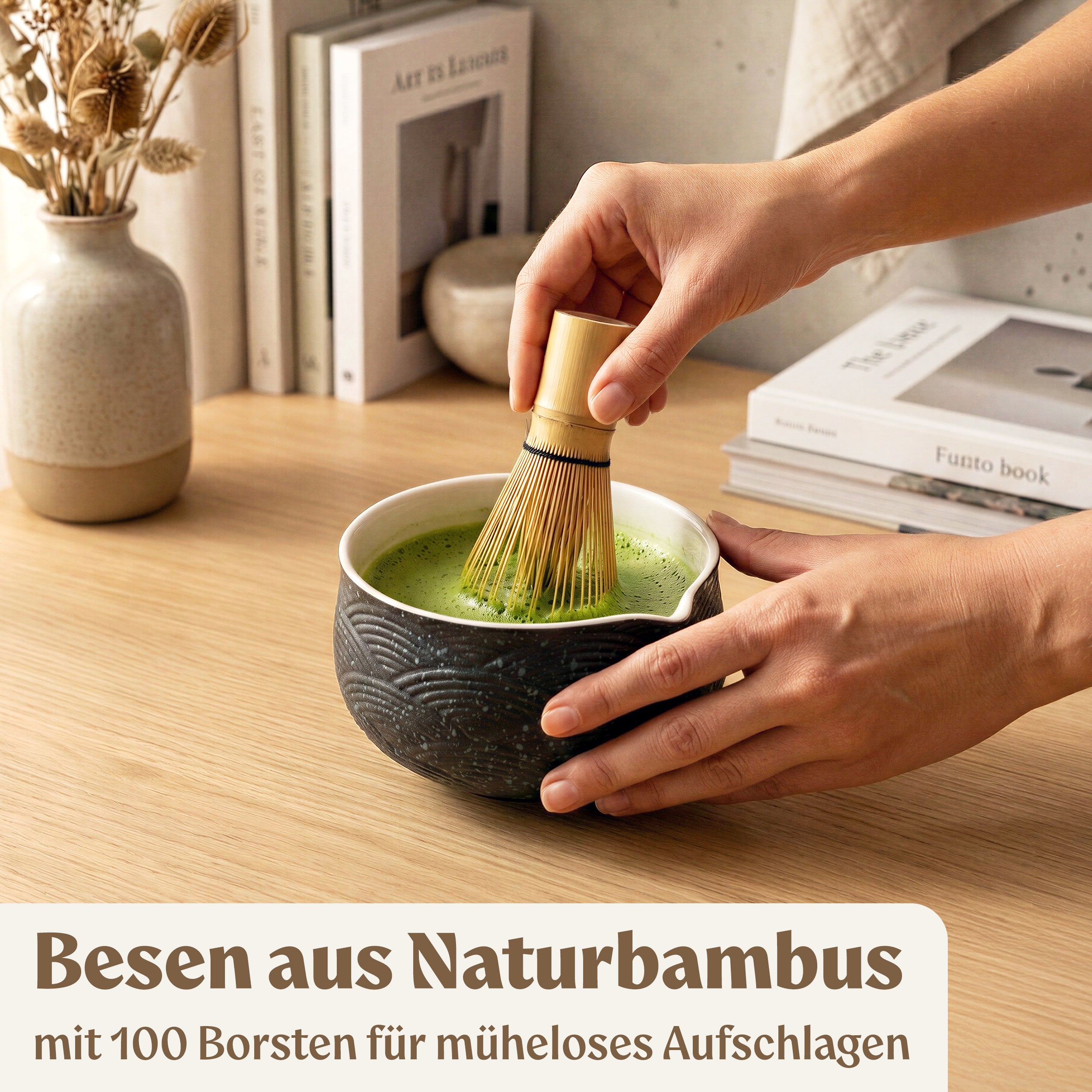 Matcha Set (7 Teilig) Matcha Schale mit Besen, Sieb, Löffel (Schwarz)