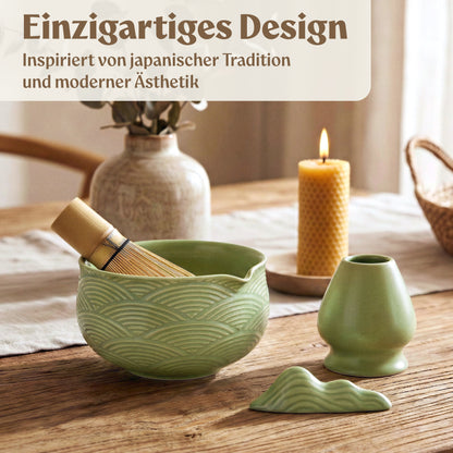 Matcha Set (7 Teilig) Matcha Schale mit Besen, Sieb, Löffel (Grün)