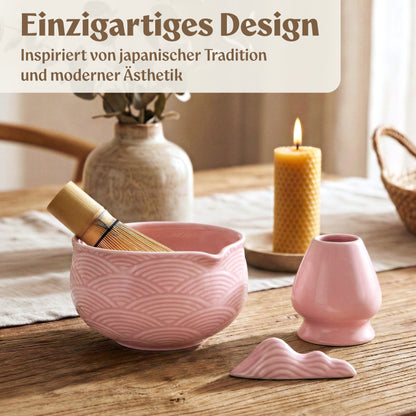 Matcha Set (7 Teilig) Matcha Schale mit Besen, Sieb, Löffel (Rose)