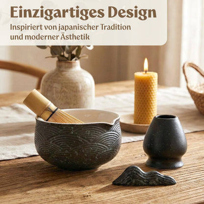 Matcha Set (7 Teilig) Matcha Schale mit Besen, Sieb, Löffel (Schwarz)
