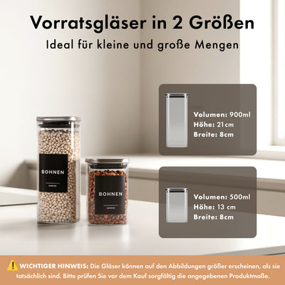 Vorratsgläser mit Deckel aus Edelstahl (4x 900ml, 8x 500ml) & 114 Vorratsetiketten