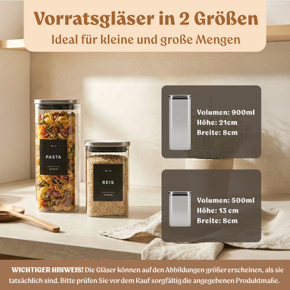 Vorratsgläser mit Deckel aus Edelstahl (4x 1000ml, 8x 600ml) Vorratsdosen mit Deckel &amp; 114 Vorratsetiketten - Luftdichtes Vorratsglas - Stapelbare Glasbehälter