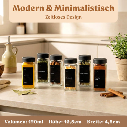 Gewürzgläser Eckig Set mit Plastikdeckel (24 x 120ml) Gewürzstreuer mit Streueinsatz und 240 Etiketten Schwarz