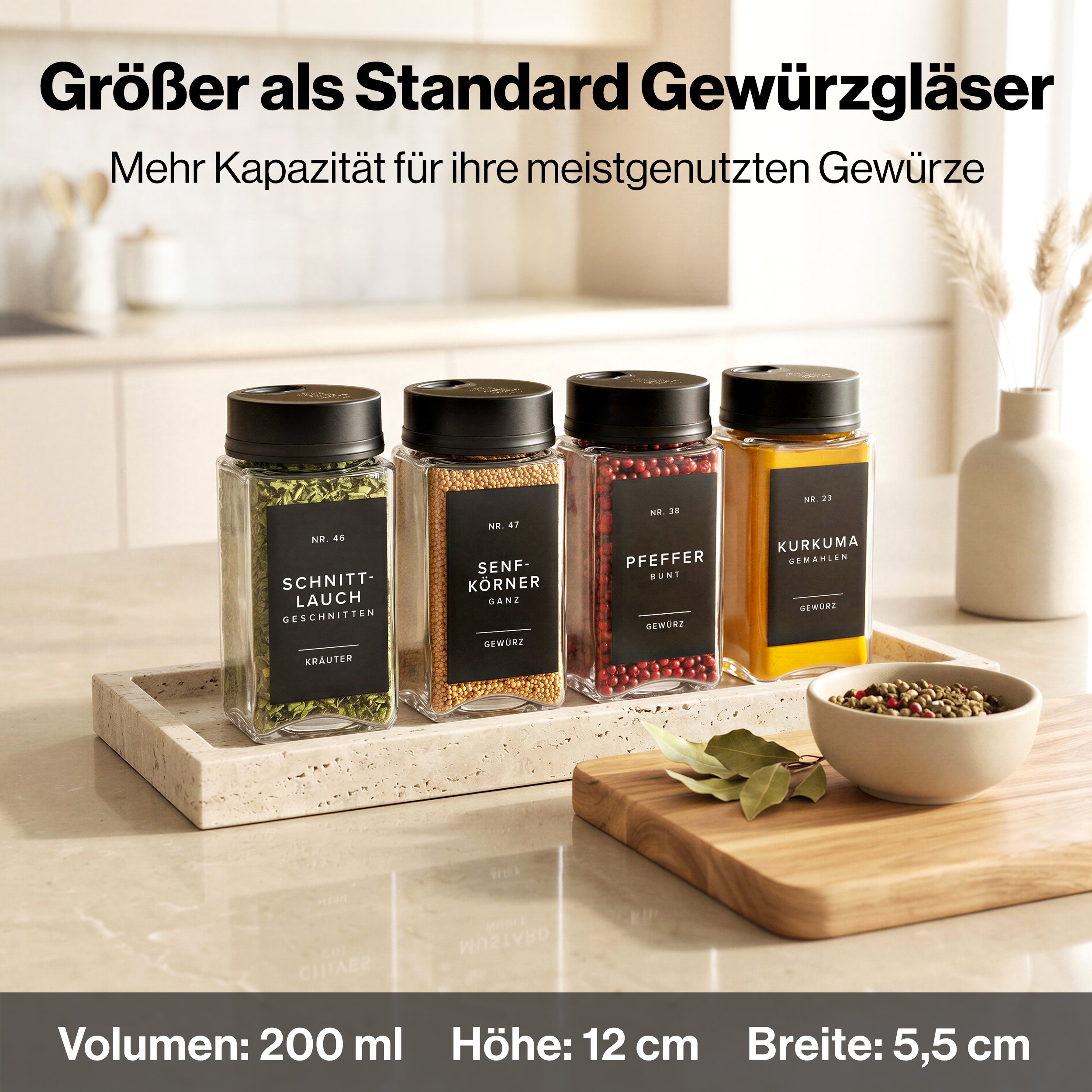 EDELHAUS Gewürzgläser Eckig Verstellbarerem Deckel Schwarz  (12 x 200 ml)
