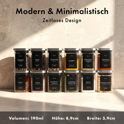 Edelstahldeckel Gewürzgläser 190ml (12 Stück) mit 160 Etiketten 