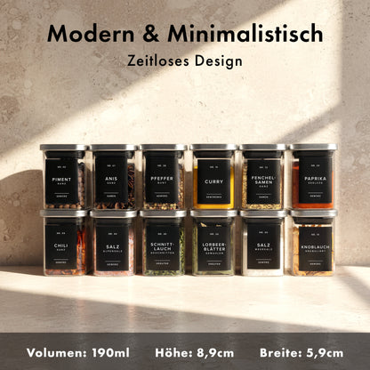 Edelstahldeckel Gewürzgläser 190ml (12 Stück) mit 160 Etiketten 