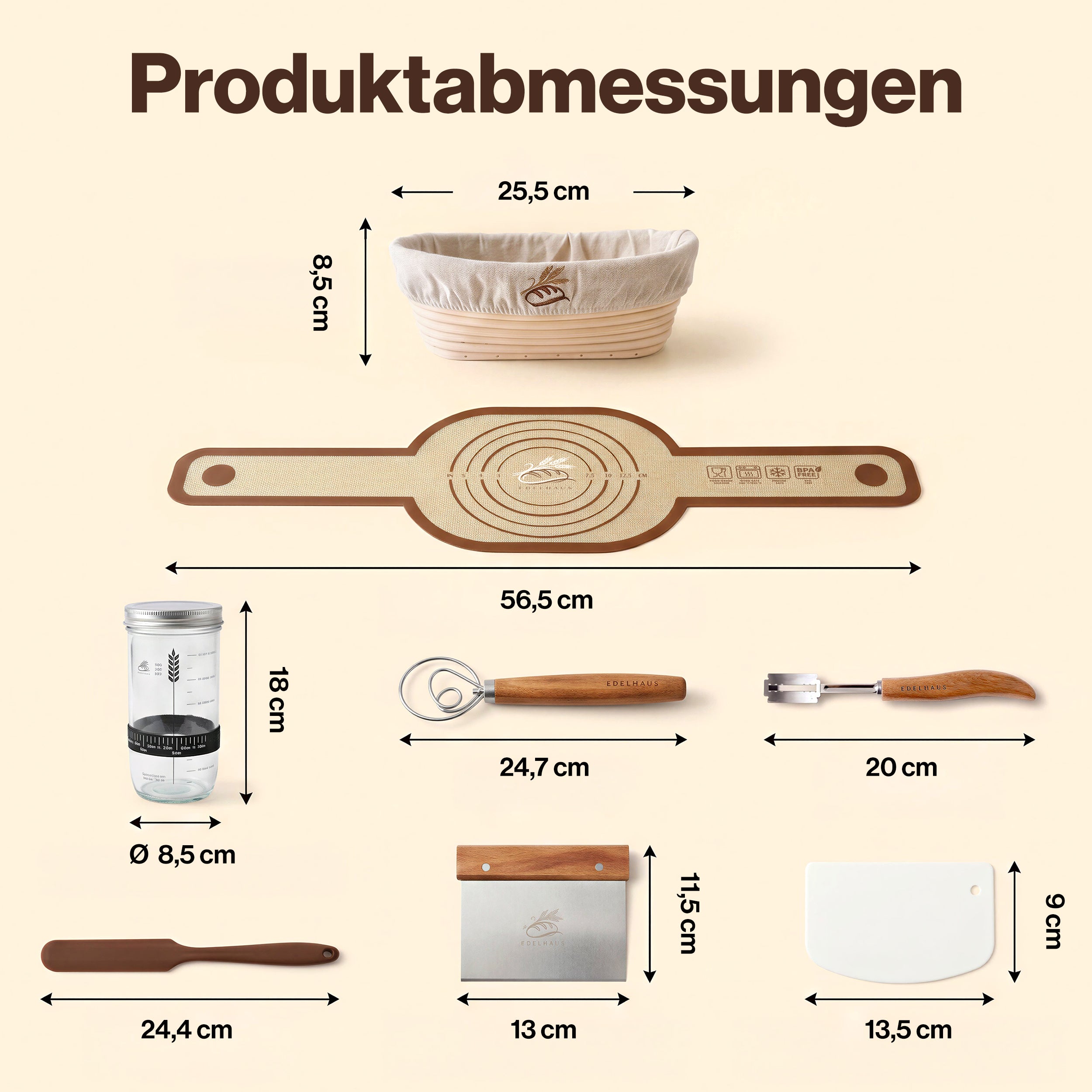 EDELHAUS Ovales Gärkörbchen Set zum Brotbacken (7-teilig)