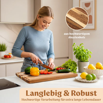 EDELHAUS Schneidebrett Holz 3er Set (40x30cm / 33x24cm / 26x18cm) Holzschneidebrett aus Massiver Akazie - 2cm dicke Holzbretter Küche mit Saftrille - Design Cutting Board Schneidbrett Set