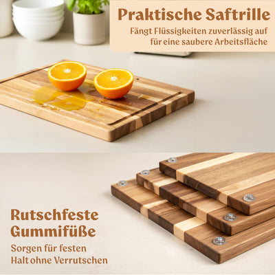EDELHAUS Schneidebrett Holz 3er Set (40x30cm / 33x24cm / 26x18cm) Holzschneidebrett aus Massiver Akazie - 2cm dicke Holzbretter Küche mit Saftrille - Design Cutting Board Schneidbrett Set