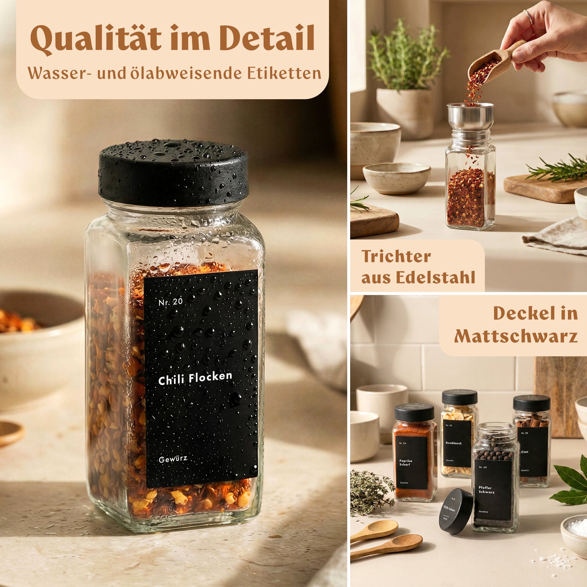 Gewürzgläser Eckig Set mit Plastikdeckel (24 x 120ml) Gewürzstreuer mit Streueinsatz und 240 Etiketten Schwarz