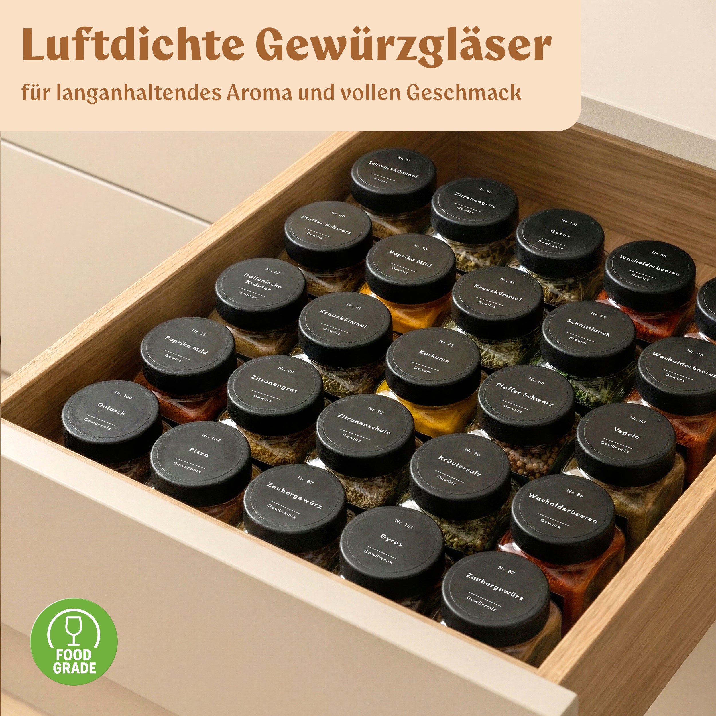 Gewürzgläser Eckig Set mit Plastikdeckel (24 x 120ml) Gewürzstreuer mit Streueinsatz und 240 Etiketten Schwarz