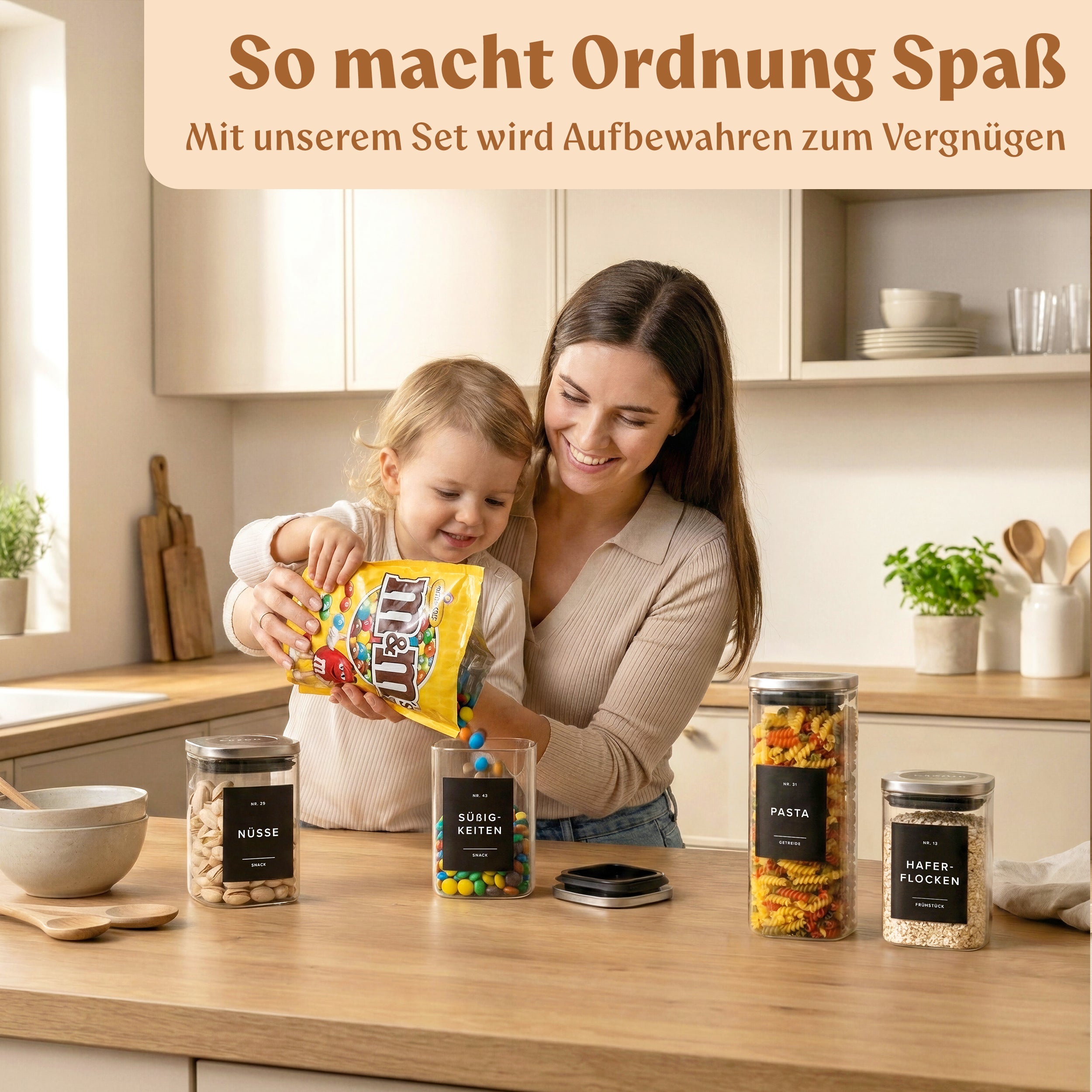 Vorratsgläser mit Deckel aus Edelstahl (4x 1000ml, 8x 600ml) Vorratsdosen mit Deckel &amp; 114 Vorratsetiketten - Luftdichtes Vorratsglas - Stapelbare Glasbehälter