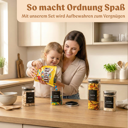 Vorratsgläser mit Deckel aus Edelstahl (4x 1000ml, 8x 600ml) Vorratsdosen mit Deckel &amp; 114 Vorratsetiketten - Luftdichtes Vorratsglas - Stapelbare Glasbehälter