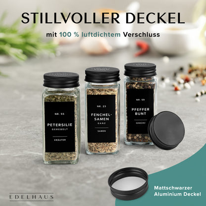 Stahldeckel Gewürzgläser Set (24 Stück) mit 240 Aufklebern