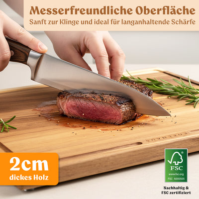EDELHAUS Schneidebrett Holz 3er Set (40x30cm / 33x24cm / 26x18cm) Holzschneidebrett aus Massiver Akazie - 2cm dicke Holzbretter Küche mit Saftrille - Design Cutting Board Schneidbrett Set