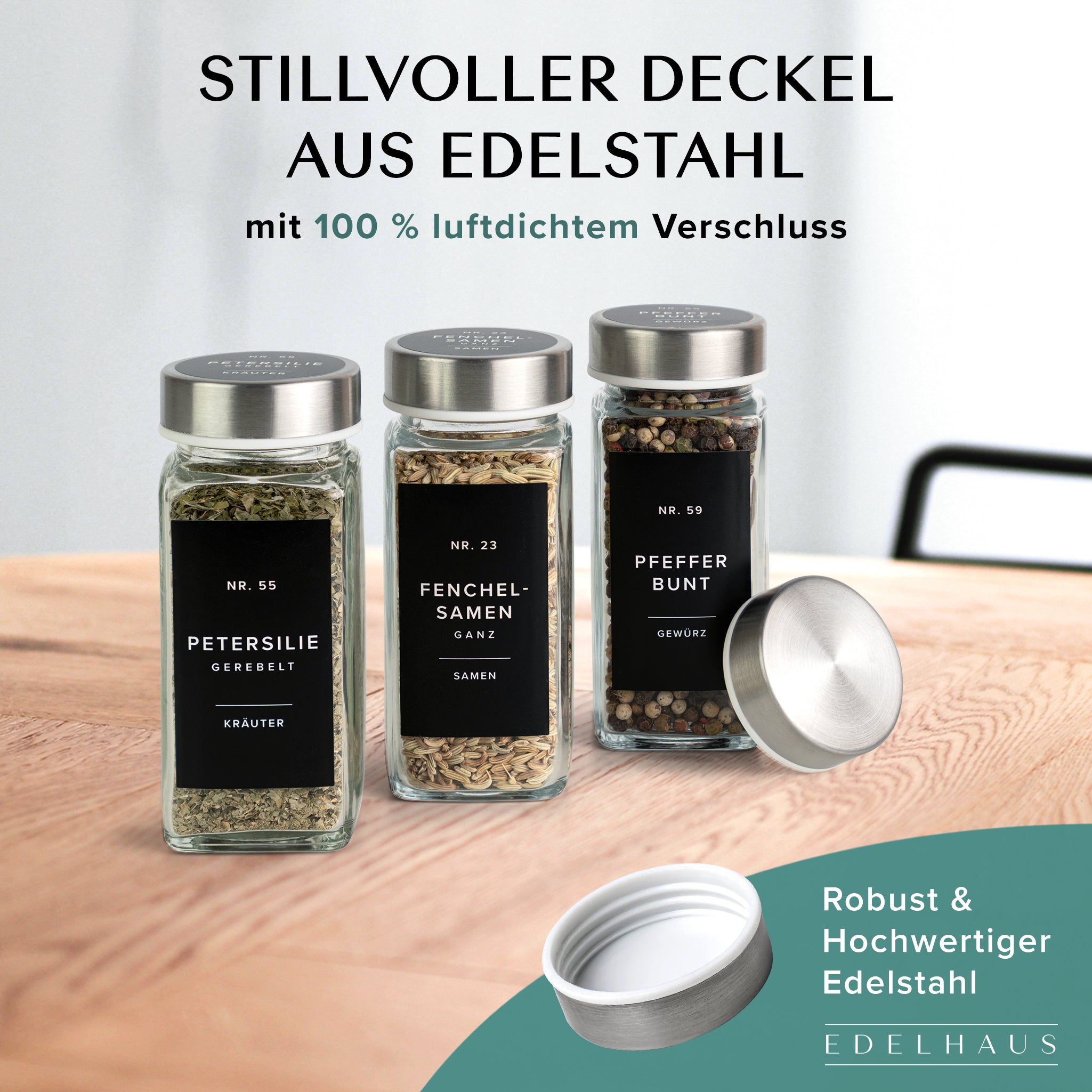 Edelstahldeckel Gewürzgläser Set (24 kusů) s 240 Aufklebern 