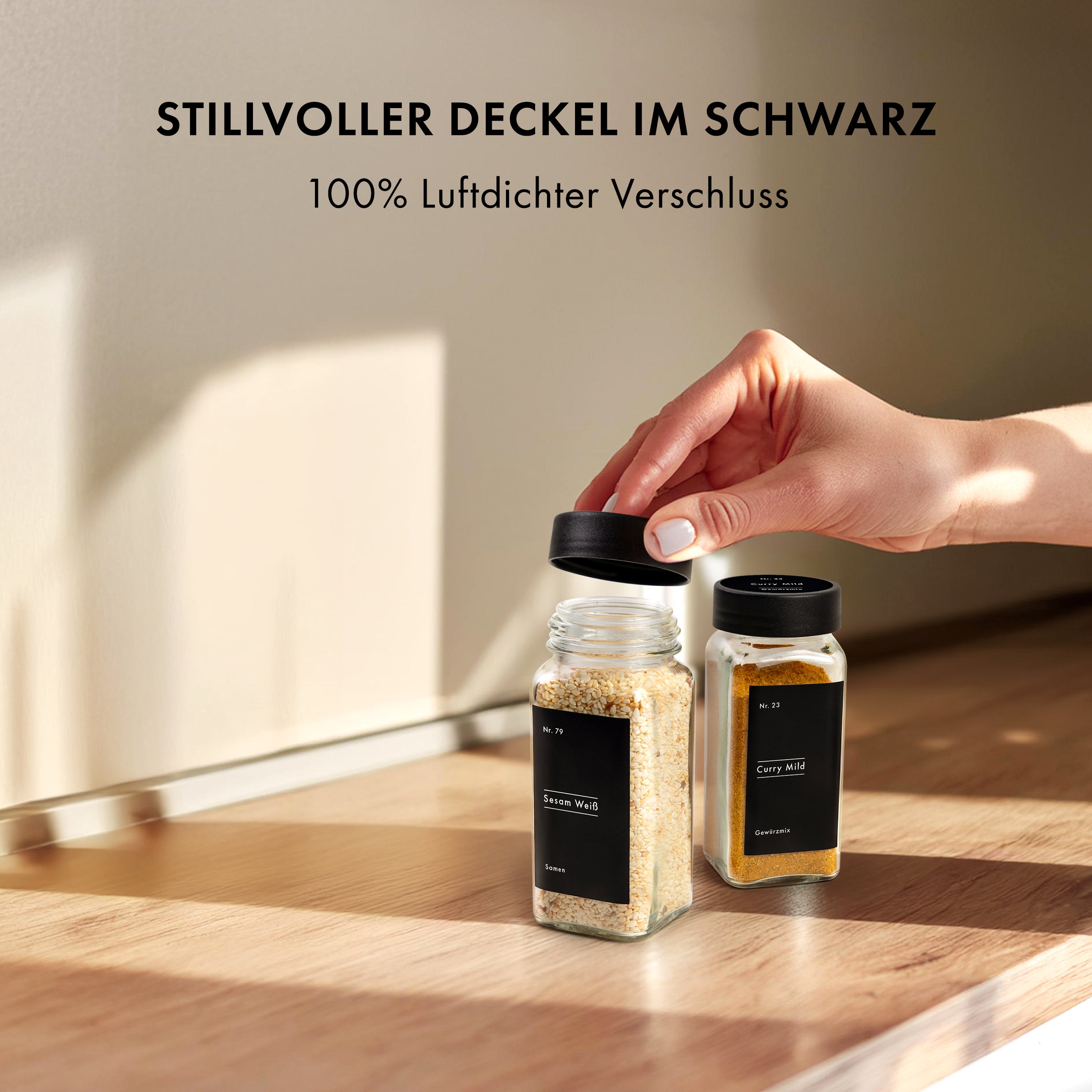 Gewürzgläser Eckig Set mit Plastikdeckel (24 x 120ml) Gewürzstreuer mit Streueinsatz und 240 Etiketten Schwarz