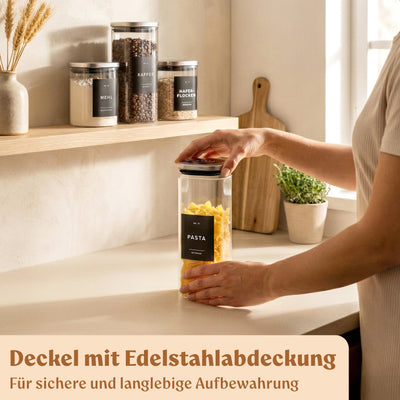 Vorratsgläser mit Deckel aus Edelstahl (4x 1000ml, 8x 600ml) Vorratsdosen mit Deckel &amp; 114 Vorratsetiketten - Luftdichtes Vorratsglas - Stapelbare Glasbehälter