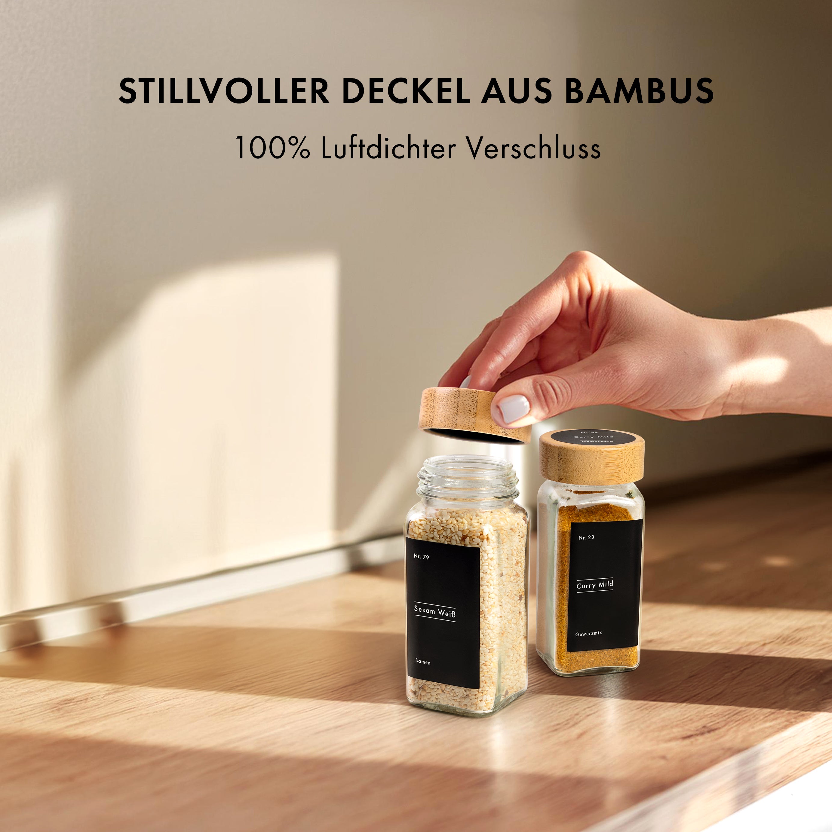 Gewürzgläser Eckig Set mit Holzdeckel (24 x 120ml) Bambusdeckel Gewürzdosen mit 240 Gewürzetiketten