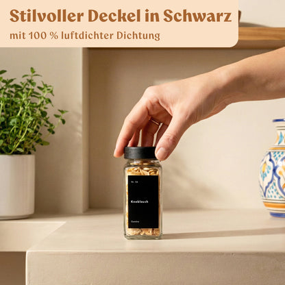 Gewürzgläser Eckig Set mit Plastikdeckel (24 x 120ml) Gewürzstreuer mit Streueinsatz und 240 Etiketten Schwarz