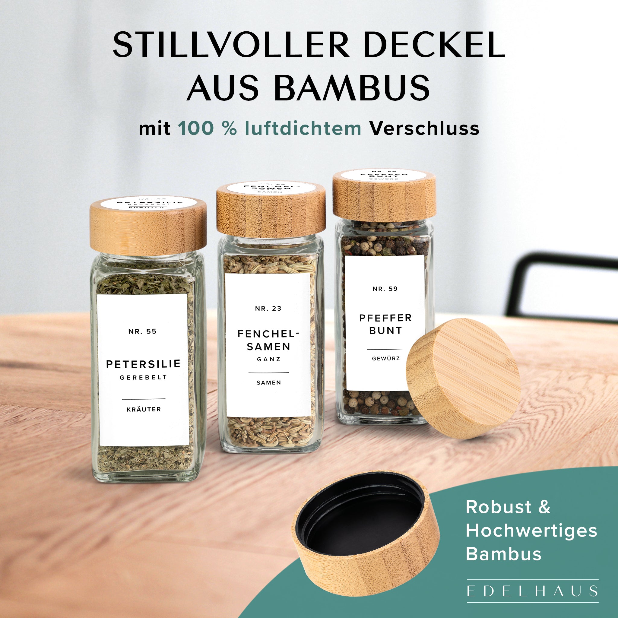 Bambusdeckel Gewürzgläser Set (24 Stück) mit 240 Aufklebern (Hell) 