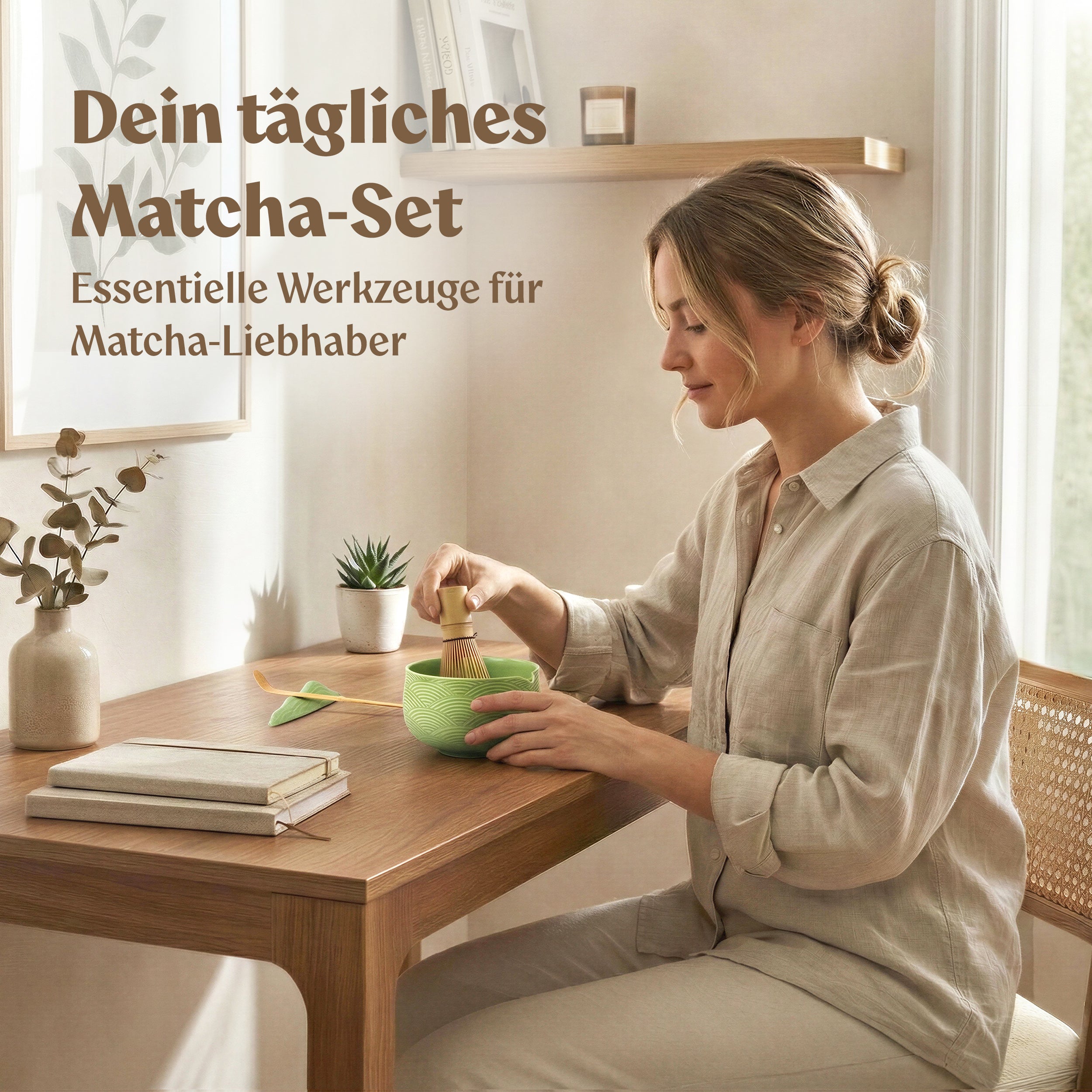 Matcha Set (7 Teilig) Matcha Schale mit Besen, Sieb, Löffel (Grün)