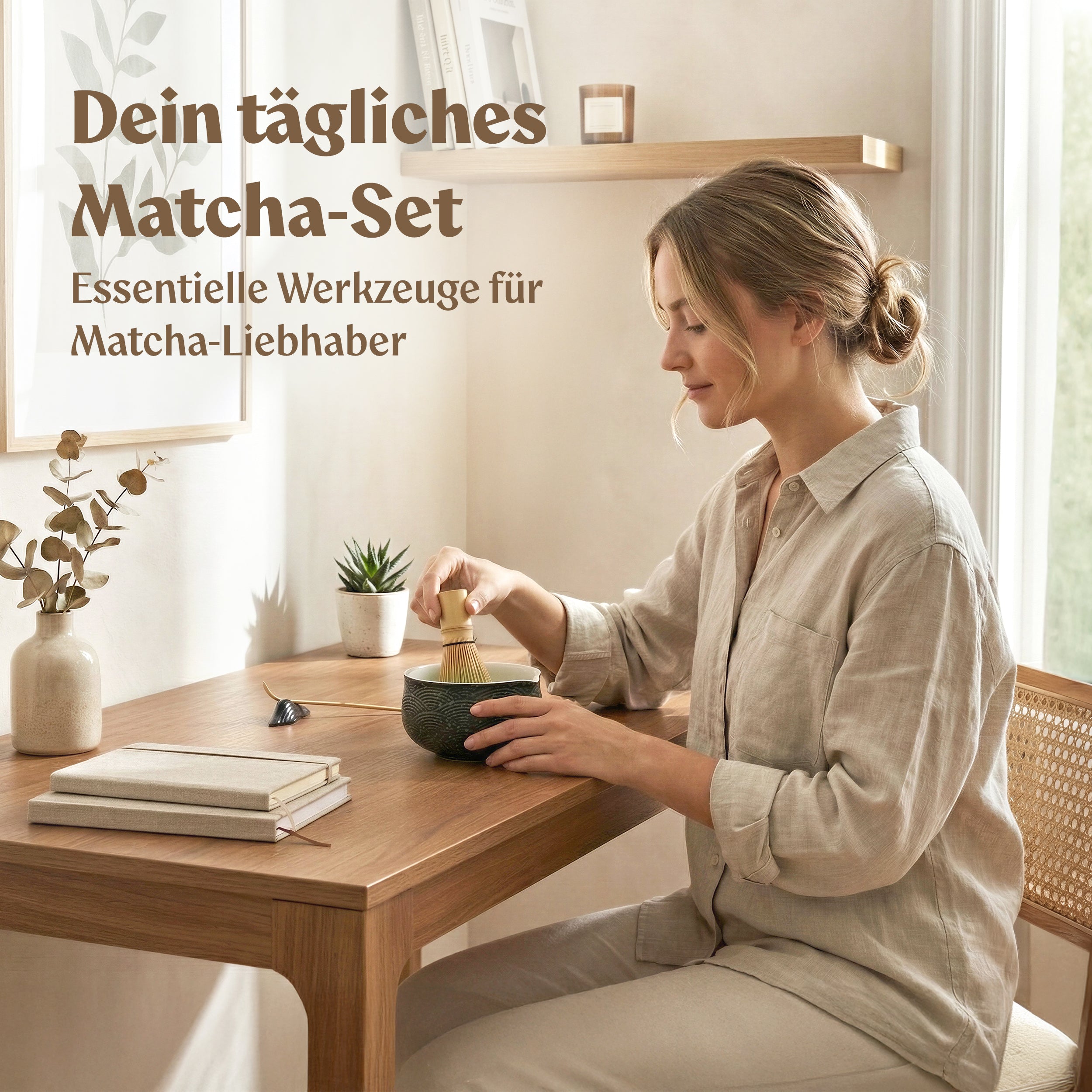 Matcha Set (7 Teilig) Matcha Schale mit Besen, Sieb, Löffel (Schwarz)