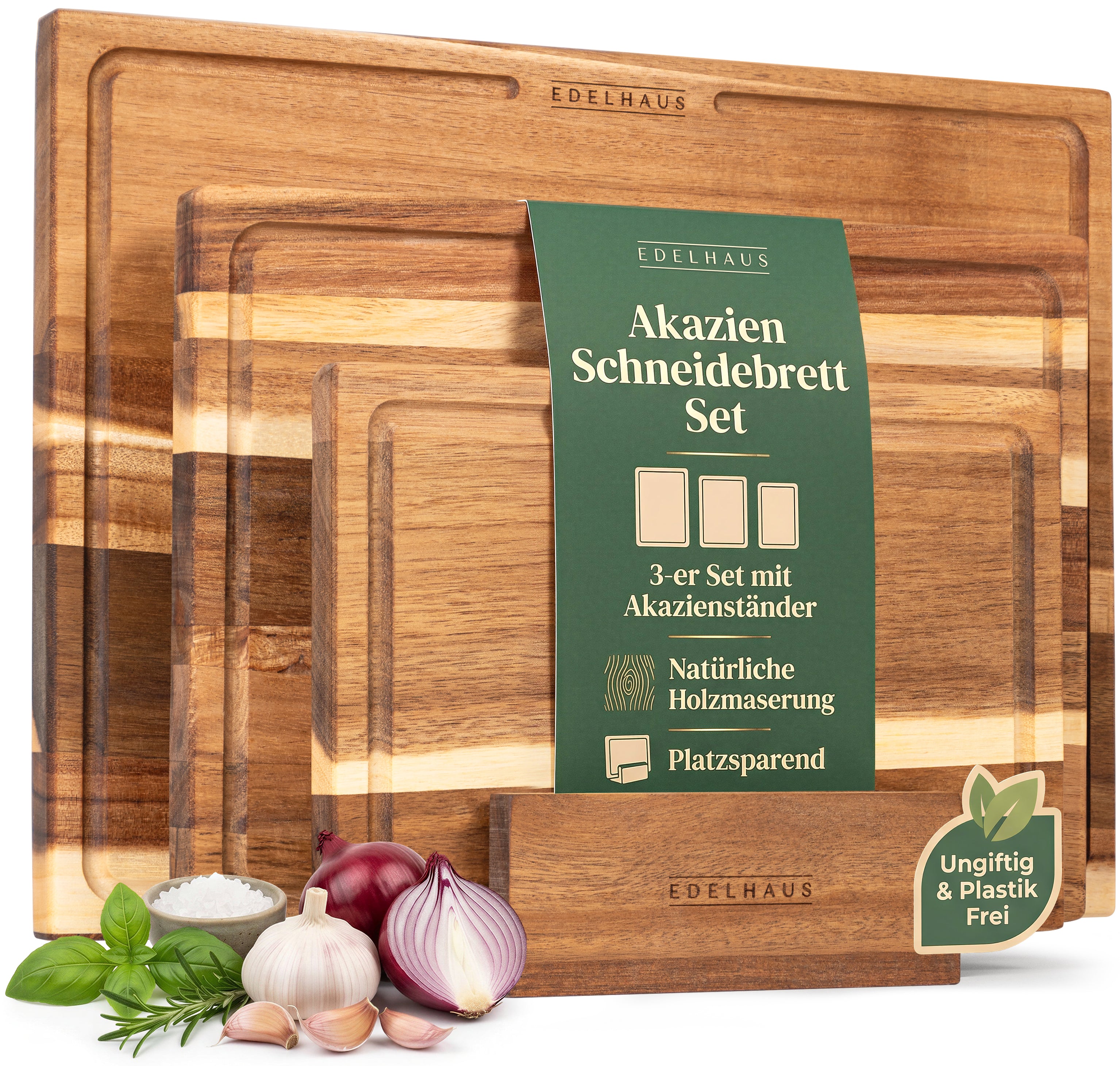 EDELHAUS Schneidebrett Holz 3er Set (40x30cm / 33x24cm / 26x18cm) Holzschneidebrett aus Massiver Akazie - 2cm dicke Holzbretter Küche mit Saftrille - Design Cutting Board Schneidbrett Set