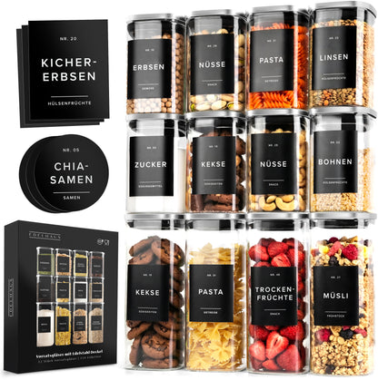 Vorratsgläser mit Deckel aus Edelstahl (4x 1000ml, 8x 600ml) Vorratsdosen mit Deckel &amp; 114 Vorratsetiketten - Luftdichtes Vorratsglas - Stapelbare Glasbehälter