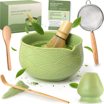 Matcha Set (7 Teilig) Matcha Schale mit Besen, Sieb, Löffel (Grün)
