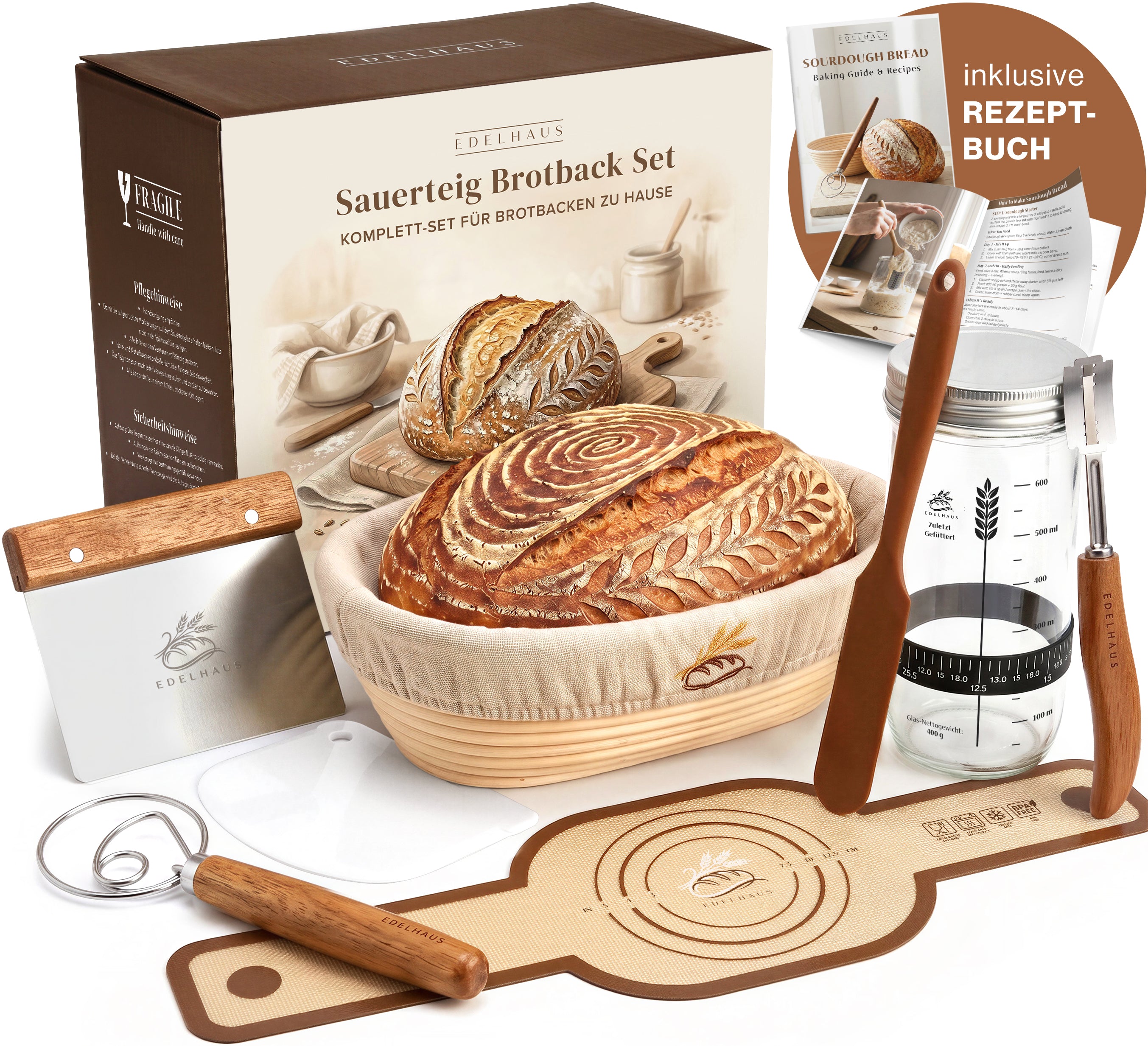EDELHAUS Ovales Gärkörbchen Set zum Brotbacken (7-teilig)