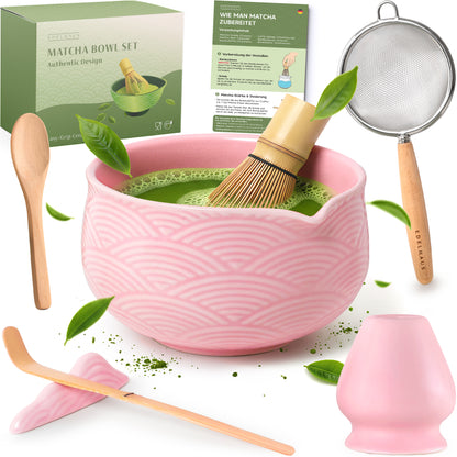 Matcha Set (7 Teilig) Matcha Schale mit Besen, Sieb, Löffel (Rose)