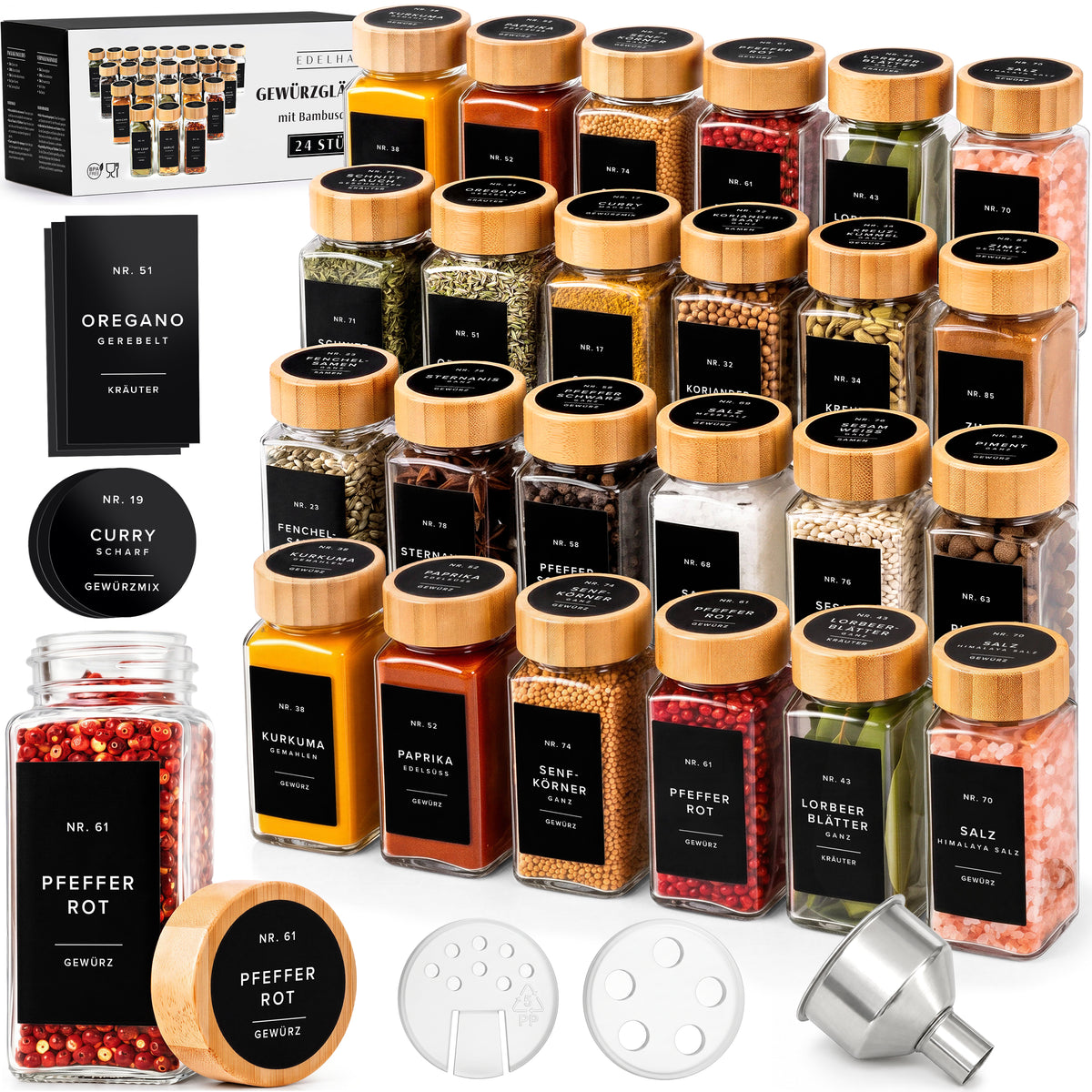 EDELHAUS Gewürzgläser mit Bambusdeckel, schwarze Etiketten (24 × 120 ml)