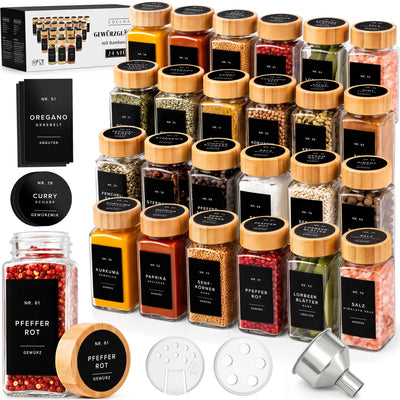 EDELHAUS Gewürzgläser mit Bambusdeckel, schwarze Etiketten (24 × 120 ml)