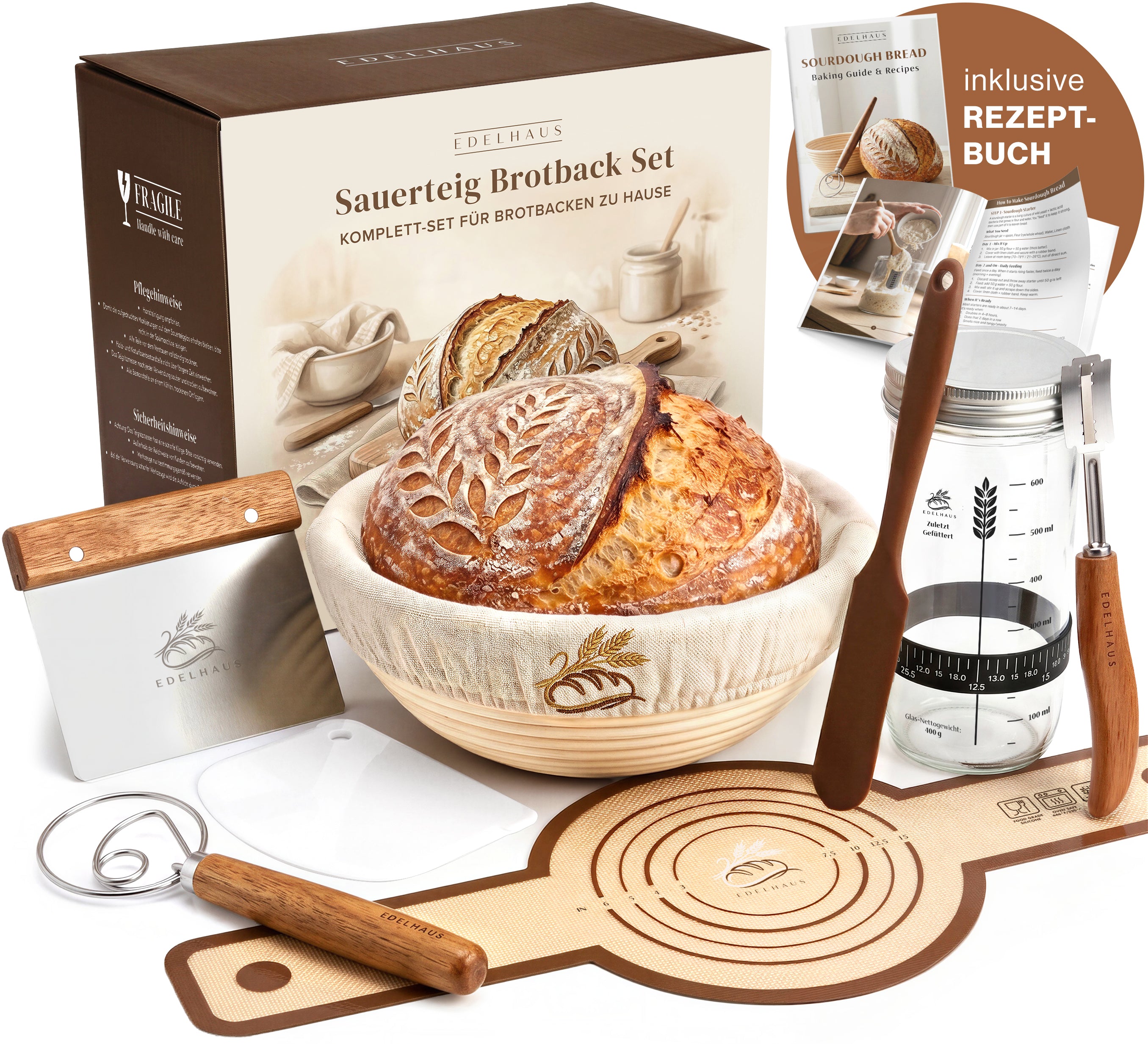 EDELHAUS Rundes Gärkörbchen Set zum Brotbacken (7-teilig)